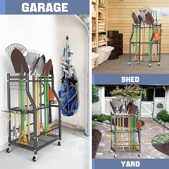 WALMANN Garden Tool Organizer with Wheels for Garage, Rakes/Shovels/Yard Tools Storage Stand for Garden, Shed, Indoor/Outdoor Long-Handled Tools Rolling Cart-VerdiqueGarden