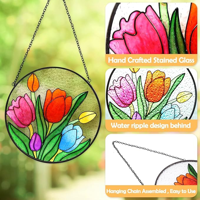 Tuitessine Tulip Suncatcher Stained Glass Window Hanging Panels, 6.3''x6.3'' Round Handmade Hanging Ornament with Chain, Garden Patio Wall Decor Flower Gift for Mom Teachers Friends-VerdiqueGarden