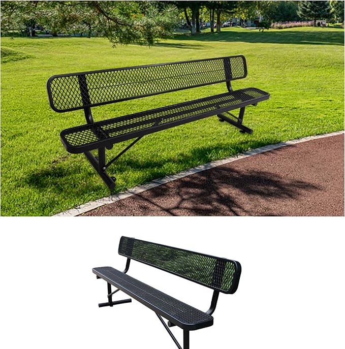 8 FT Heavy Duty Metal Park Bench for Outside, Black Bench with Backrest,4-6 Person Seat, Outdoor Commercial Metal Mesh Benches for Shopping Mall, Lawn, Park, Deck, Garden, Patio, Porch-VerdiqueGarden