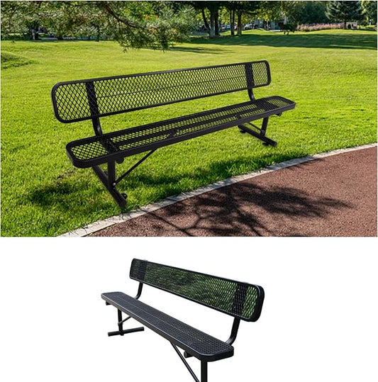 8 FT Heavy Duty Metal Park Bench for Outside, Black Bench with Backrest,4-6 Person Seat, Outdoor Commercial Metal Mesh Benches for Shopping Mall, Lawn, Park, Deck, Garden, Patio, Porch-VerdiqueGarden