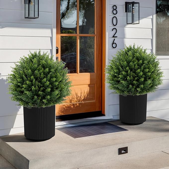 Artificial Cedar Topiary Ball Tree 23" with Ground Spike, Set of 2 Artificial Boxwood Bushes for Faux Shrubs, Fake Evergreen Faux Plant for Indoor Outdoor Porch Garden- UV Resistant – Fade-Proof-VerdiqueGarden