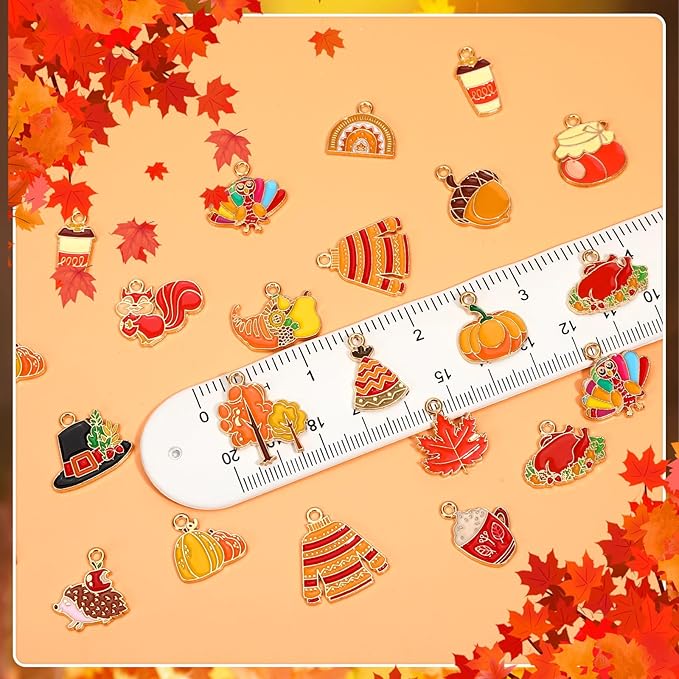 MARFOREVER 40Pcs/20 Pairs Fall Charms, Thanksgiving Charm for Jewelry Making, Autumn Pumpkin Maple Leaf Turkey Enamel Pendants for Bracelet Necklace Earrings Making Accessories