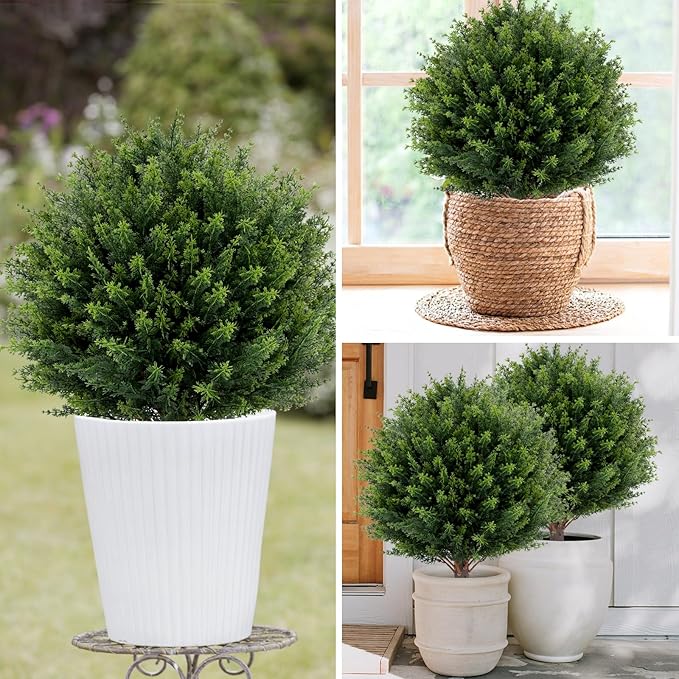 Artificial Cedar Topiary Ball Tree 23" with Ground Spike, Set of 2 Artificial Boxwood Bushes for Faux Shrubs, Fake Evergreen Faux Plant for Indoor Outdoor Porch Garden- UV Resistant – Fade-Proof-VerdiqueGarden