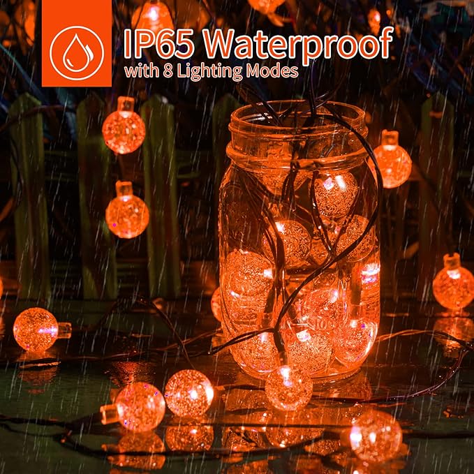 Solar Halloween String Lights Outdoor 60 LED 36 Feet Crystal Globe String Lights with 8 Lighting Modes, Waterproof Solar Powered Patio Lights for Garden Yard Porch Decor (Orange)-VerdiqueGarden