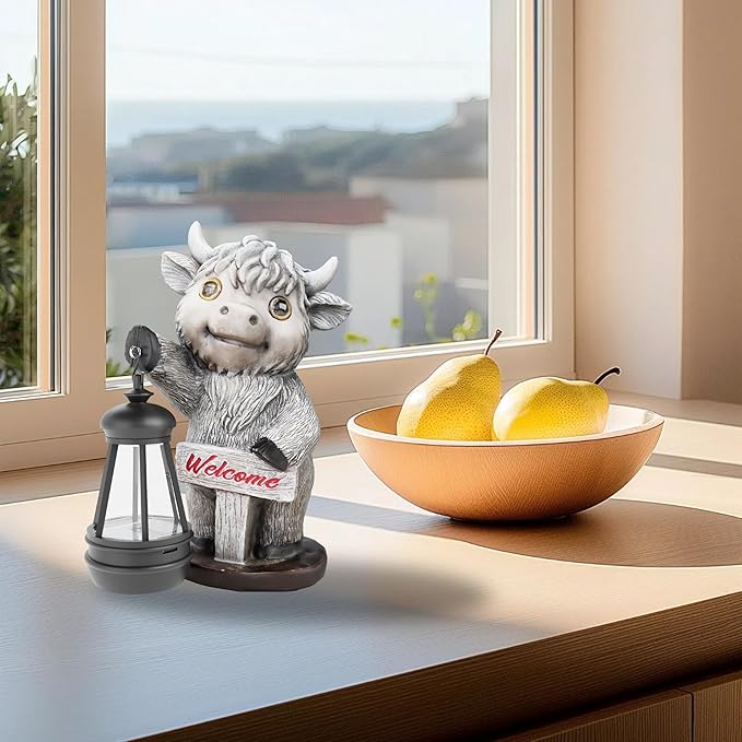 Highland Cow Statues with Solar Lights, Highland Cow Resin Figurine Lights, Highland Cow Ornaments for Patio, Balcony, Indoor Decoration and as Gifts-VerdiqueGarden