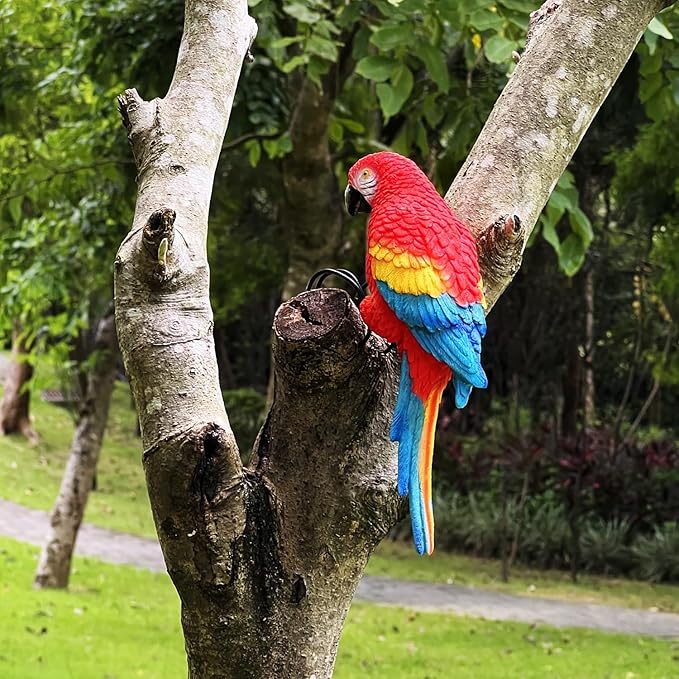 Realistic Parrot Sculpture Resin Hanging Parrots Garden Statues Lifelike Bird Figurines Landscape Ornament Patio Yard Lawn Figurine Tree Decor, Outdoor Garden Wall Statues (Red)-VerdiqueGarden