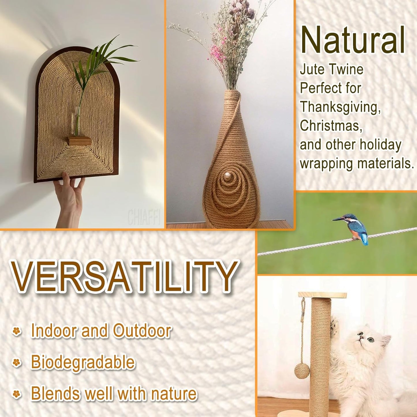 656 Feet 3Ply Jute Twine String, 2mm Natural Brown Thick Twine Rope for Crafts, Gardening, Tomato, Climbing Plant, Tie Floristry, Gift Wrapping Packing, Christmas, Wedding Decor-VerdiqueGarden