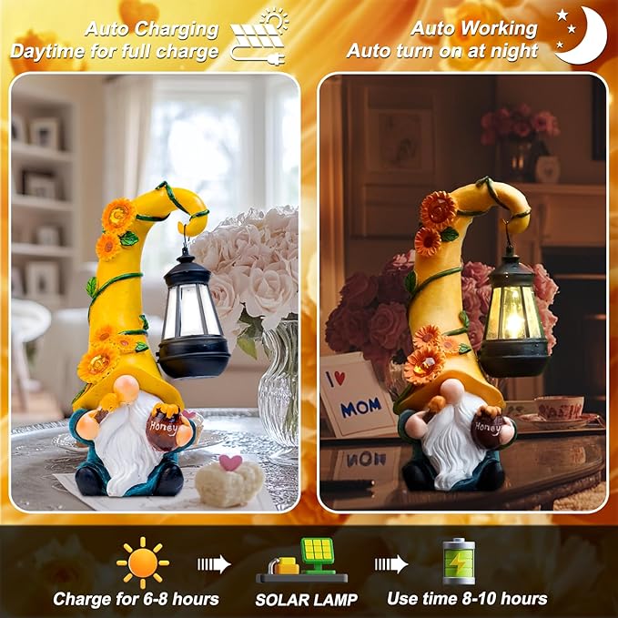 Twinbling12 Solar Sunflower Gnome Garden Statues Honey Bee jar Decor with LED Lantern Outdoor Summer Gnomes Decorations Patio Yard Balcony Art Gifts for Women Mom Grandma-VerdiqueGarden