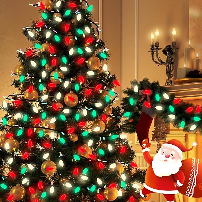 Red Green White LED Christmas Lights, 25FT Waterproof C9 Multicolor Outdoor With 26 Shatterproof Bulbs, Commercial Hanging for Roof Patio Balcony Party Xmas Decor-VerdiqueGarden