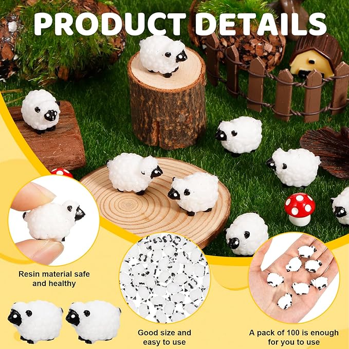 100Pcs Mini White Sheep Miniature Resin Sheep Figurines Cute Little Figurines Fairy Outdoor Moss Ornaments Landscape Figurines Garden DIY Ornament Accessories for Indoor Outdoor-VerdiqueGarden