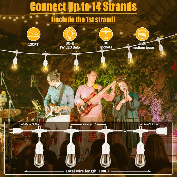 SUFEIMAS 100FT White Outdoor String Lights,IP65 Waterproof 30+2 Plastic LED Bulbs 2700K White Patio String Lights for Outside Porch, Pergola, Backyard, Bistro, Garden,Wedding Lights-VerdiqueGarden