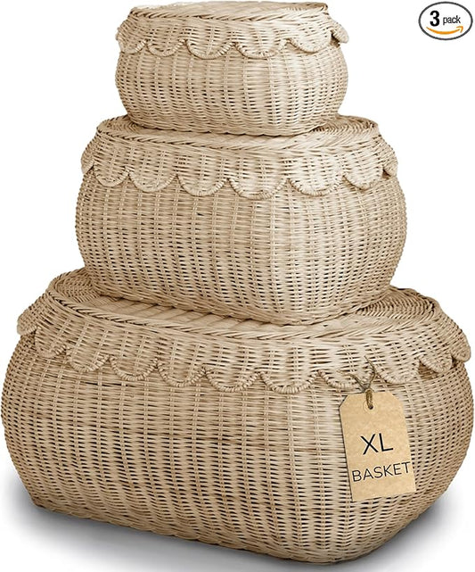 BEBE BASK Large Scalloped Basket Set Of 3 - Hand-Woven & Award-Winning Scallop Basket - XL - Extra Large for Blankets 22 x 16 x 10 In - Elegant Wicker With Scalloped Edge Lid (Natural)-VerdiqueGarden