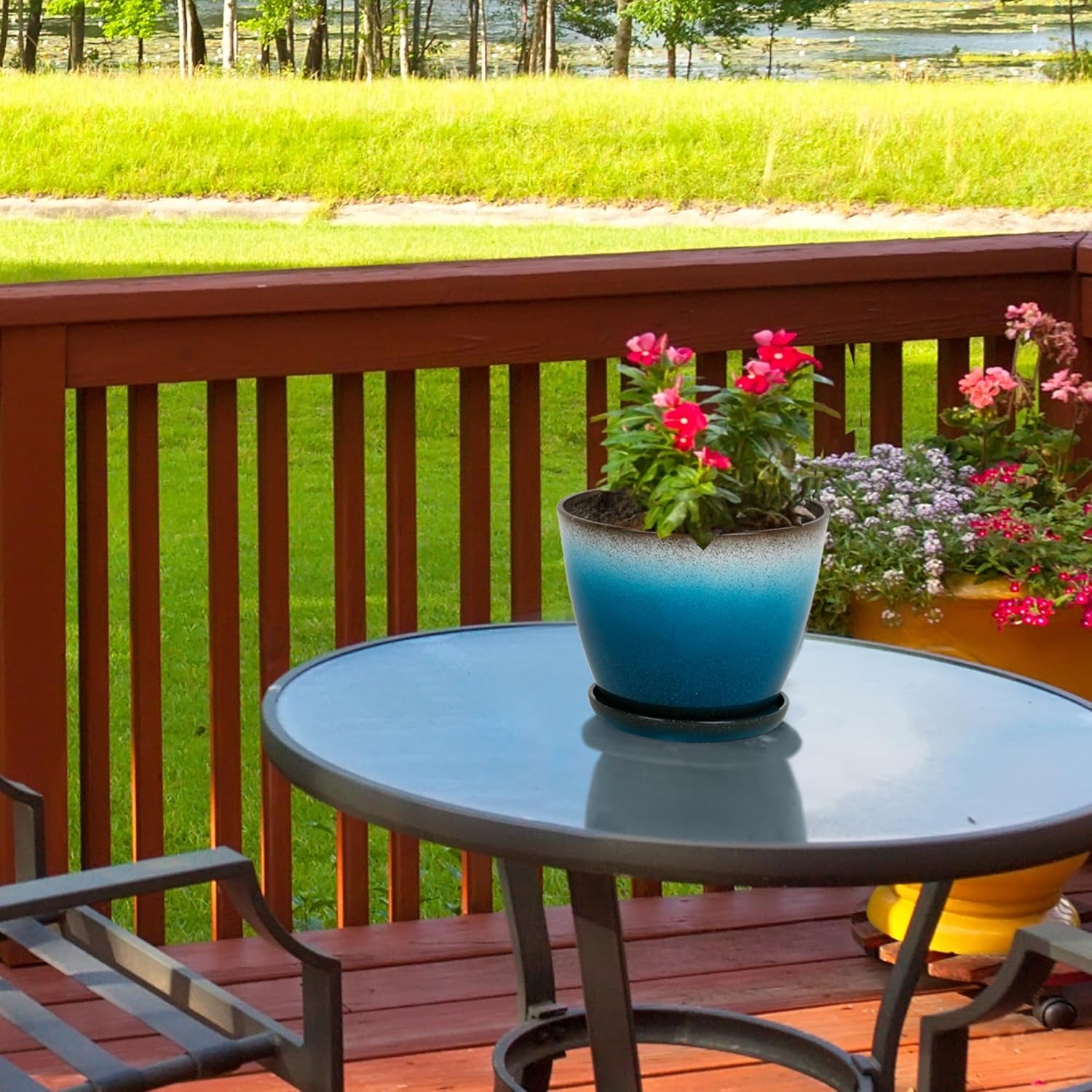 Worth Garden Plastic Round 8" Plant Pots - Set of 6 Multicolor Small Gloss Flower Pot Planters with Drainage Hole and Saucer - Home Decorative Christmas Containers-VerdiqueGarden