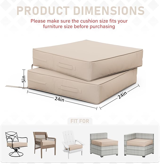 Patio Chair Cushions 24 X 24 X 5 Inch Waterproof Outdoor Seat Cushions for Patio Furniture, Outdoor Sofa Couch Pads with Ties & Handle, Set of 2, Sand-VerdiqueGarden