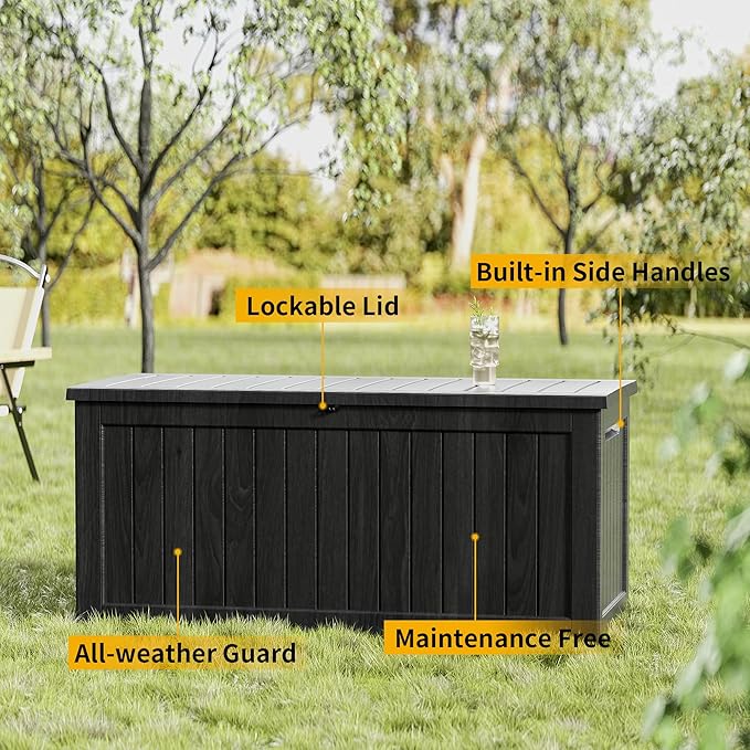 270 Gallon Outdoor Storage Box Patio Deck Box Waterproof, Resin Lockable Outside Large Storage Bin for Pool Cushion Furniture, Garden Tools UV-Resistant, Black-VerdiqueGarden
