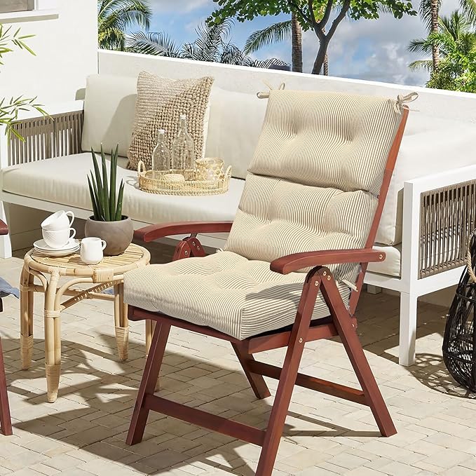 LVTXIII Outdoor Seat and Back Chair Cushion Patio Tufted High Back Cushion with Ties, Seasonal Replacement Rocking Chair Cushion for Home Office Garden Use, 44” L x 22” W, Set of 2, Stripe Beige-VerdiqueGarden