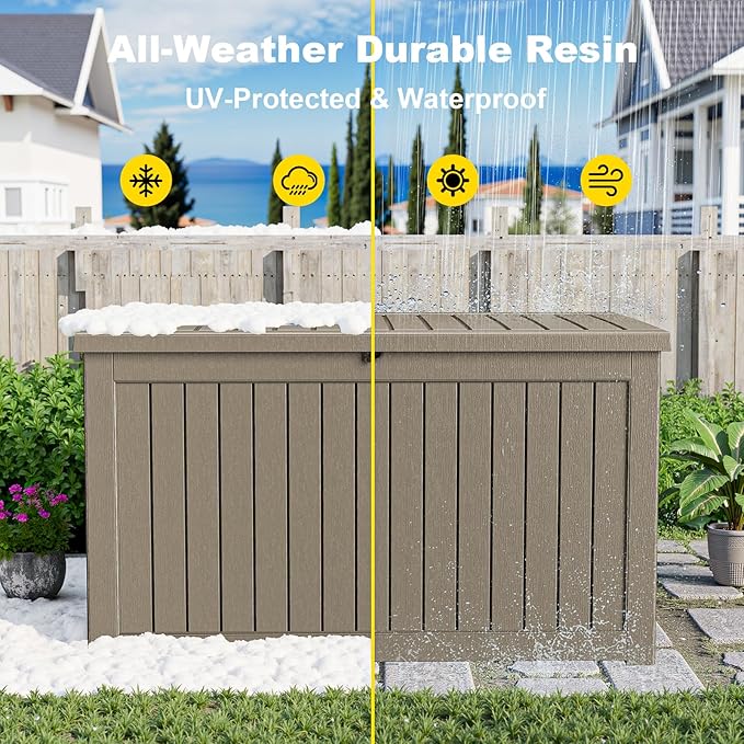 230 Gallon Outdoor Deck Box,Storage Lockable Waterproof Patio Furniture,Garden Tools,Cushions,Pool Accessories Outside Storage Resin Box(Grey)-VerdiqueGarden