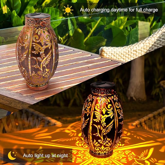 Hummingbird Lantern 2 Pack Solar Lanterns Outdoor Hanging Solar Lights, Upgraded Metal Garden Lanterns - Waterproof LED Decorative Light for Garden Patio Yard Gifts for Mom Grandma Women-VerdiqueGarden