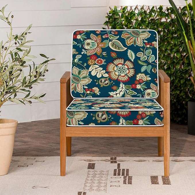 LVTXIII Patio Chair Cushions 22"x22"x3", Water-Repellent Outdoor Seat Cushions for Patio Furniture, Square Chair Pads with Ties for Home Garden Decoration, Set of 2, Peacock Blue-VerdiqueGarden