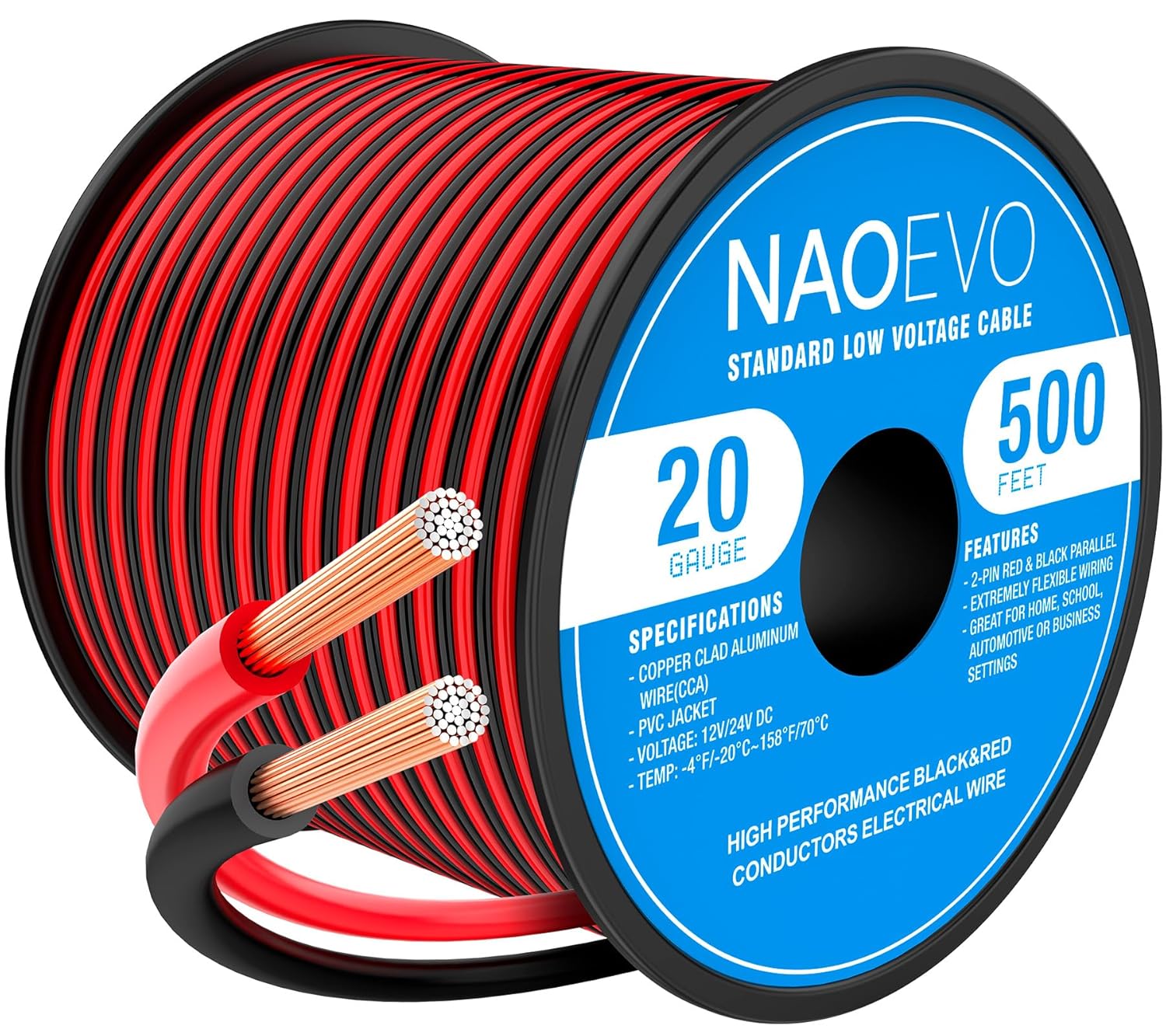 NAOEVO 20 Gauge Wire 500FT, 2 Conductors Electrical Wire Red Black Cable, Flexible/Low Voltage/PVC 20 AWG Copper Clad Aluminum Extension Cord for Speaker, LED Strips, Automotive 12V/24V DC-VerdiqueGarden