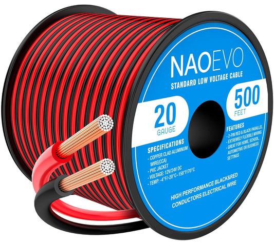 NAOEVO 20 Gauge Wire 500FT, 2 Conductors Electrical Wire Red Black Cable, Flexible/Low Voltage/PVC 20 AWG Copper Clad Aluminum Extension Cord for Speaker, LED Strips, Automotive 12V/24V DC-VerdiqueGarden