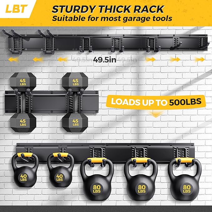 LBT 49.5"Garage Tool Organizer Wall Mount 500lbs Garden Tool Organizer for Garage with Adjustable Hooks,Heavy Duty Yard Tool Storage Rack, Anti-Rust Shed Rack Holder Hanging Rake Broom Mower Snowboard-VerdiqueGarden