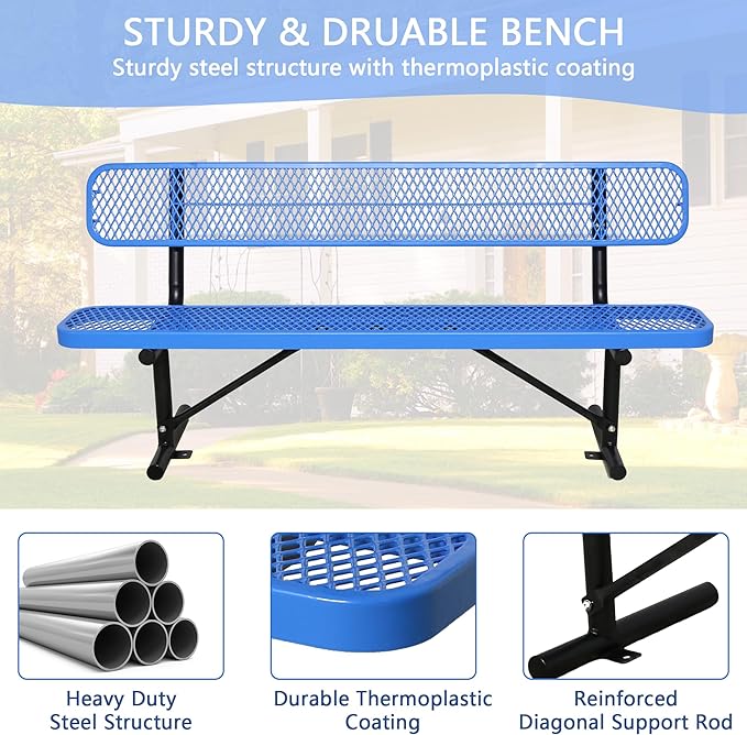 8FT Heavy Duty Park Bench with Back Portable Frame, Outdoor Steel Bench with Backrest, Outdoor Park Bench Expanded Metal Mesh Bench for Lawn, Park, Deck, Garden, Patio, Porch, Black (Blue, 8FT)-VerdiqueGarden
