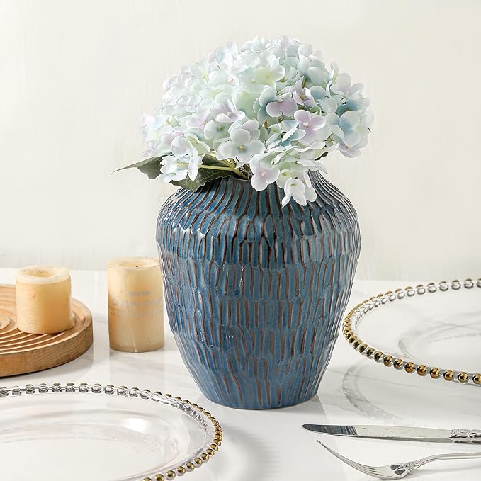 Blue Ceramic Vase for Home Decor,7.8 Inch Flower Vases，Decorative Vase for Pampas Grass，Modern Art Texture Vases for Home Entryway Living Room Dining Table Farmhouse Office Decor- Blue-VerdiqueGarden