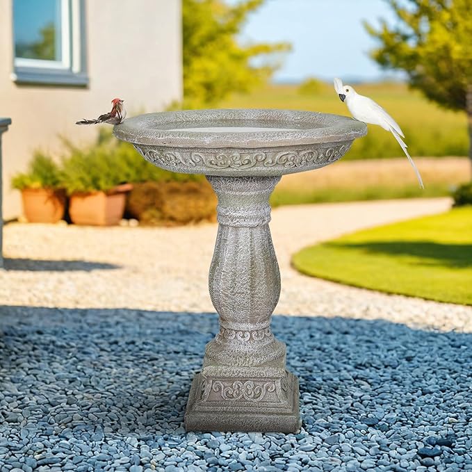 SunJet 23.8 Inch High Concrete Bird Bath with Carved Pedestal – Birdbath Sturdy & Elegant Design, Stone-Like Texture, Attracts Birds and Enhances Garden, Patio, Yard, Lawn Decor-VerdiqueGarden