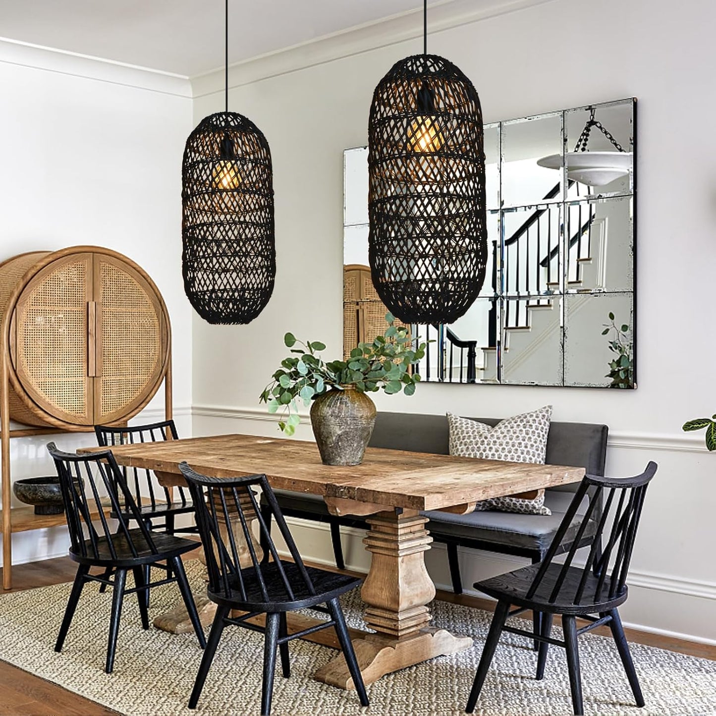 Arturesthome 1 Light Rustic Rattan Basket Pendant Light Fixture, Boho Wicker Chandelier Lamp Black, Coastal Handmade Crafts Lampshade, Farmhouse Hanging Ceiling Lighting for Dining Kitchen-VerdiqueGarden