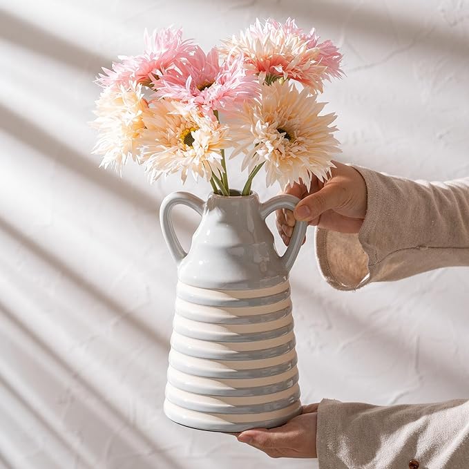 Ceramic Grey and White Checkered Stripes Vase with Handles, Hand-Painted Modern Bohemian Floral Vases Home Decor, Cottage Core Decor, Flower Vases for Bouquet Tabletop Bedroom Office Bookshelf 8.9 in-VerdiqueGarden