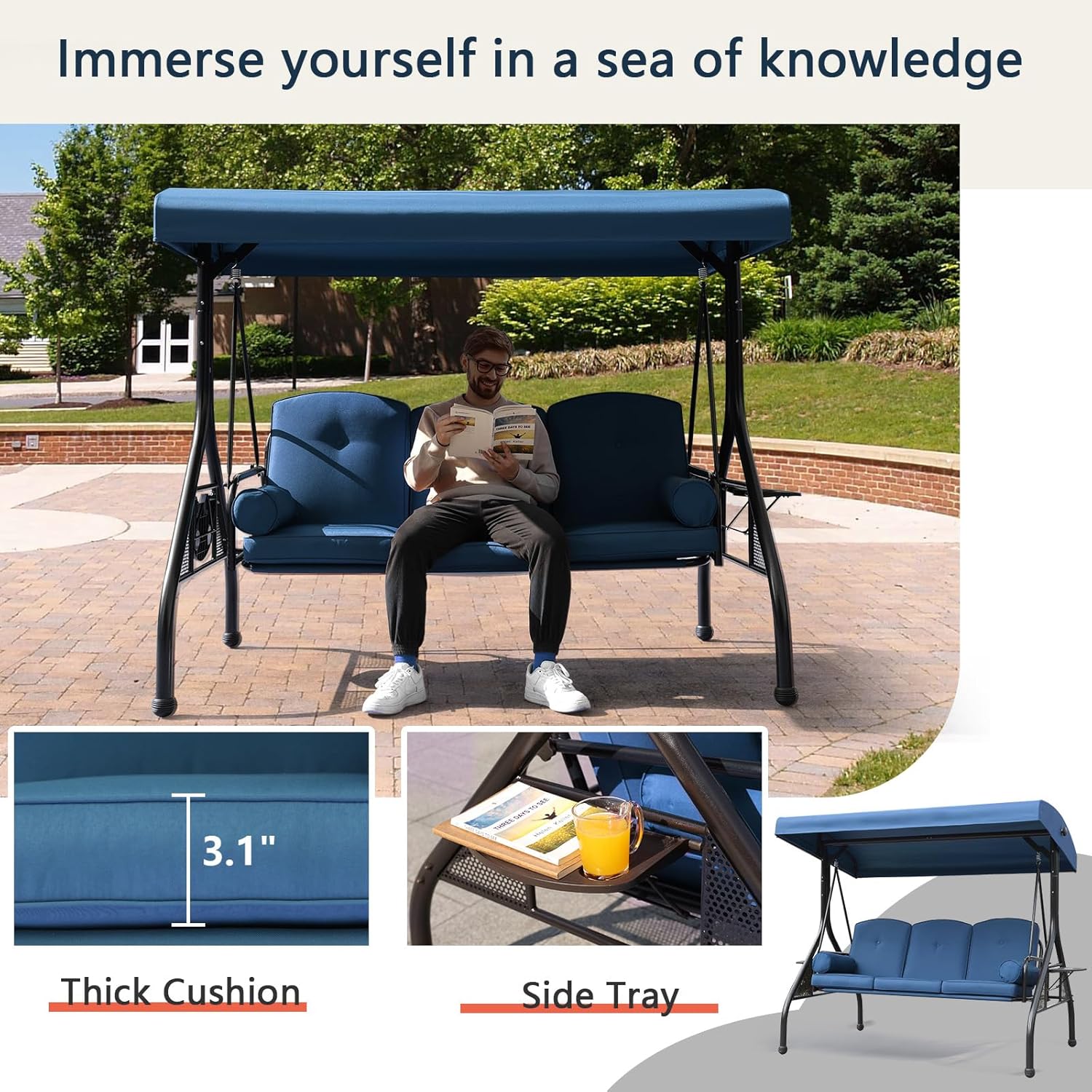 NOBLEMOOD Patio Porch Swing, 3-Seat Outdoor Swing with Adjustable Canopy, Waterproof Fabric Cushion, Pillow and Foldable Side Tray for Patio, Backyard, Porch Swing Bed for Spring-VerdiqueGarden