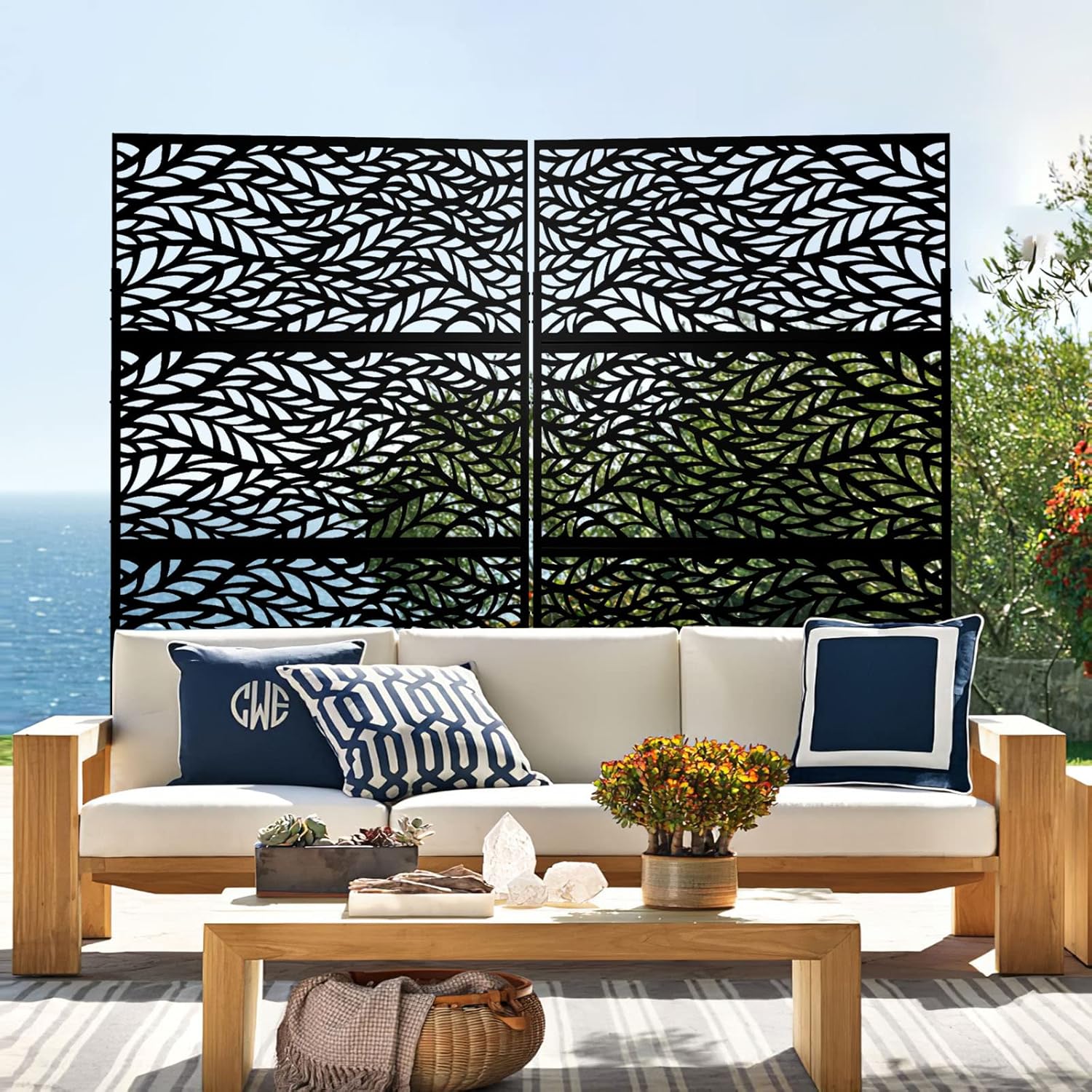 Metal Privacy Screen Outdoor 72" H×47" W,Freestanding Decorative Privacy Screen for Balcony Yard&Garden,Privacy Fence-Black&Leaves-VerdiqueGarden