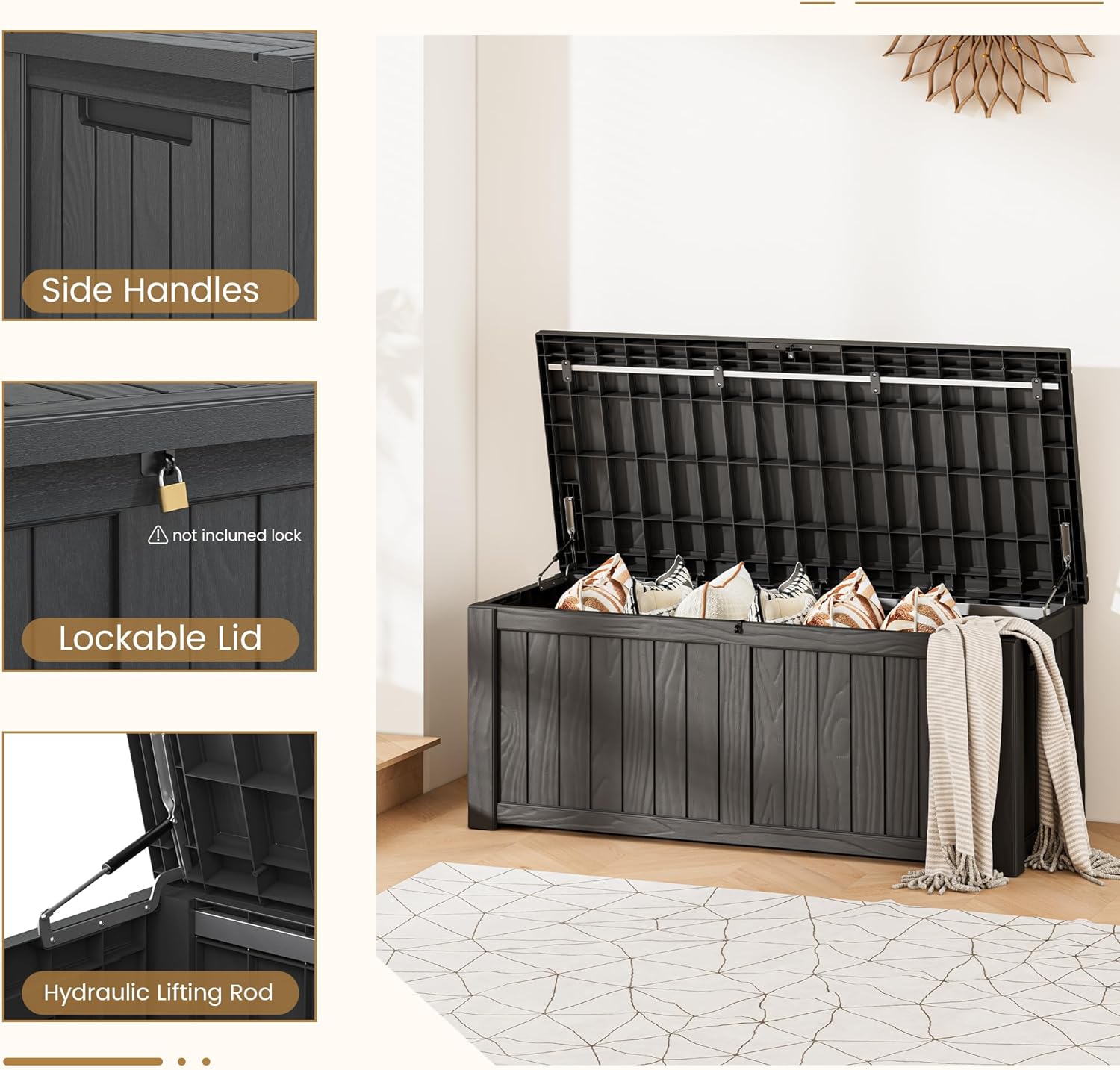 Deck Box, 120 Gallon Outdoor Storage Box Lockable Patio Waterproof for Furniture, Garden Tools, Sports Equipment and Pool Supplies, Waterproof, Resin, Lockable-VerdiqueGarden