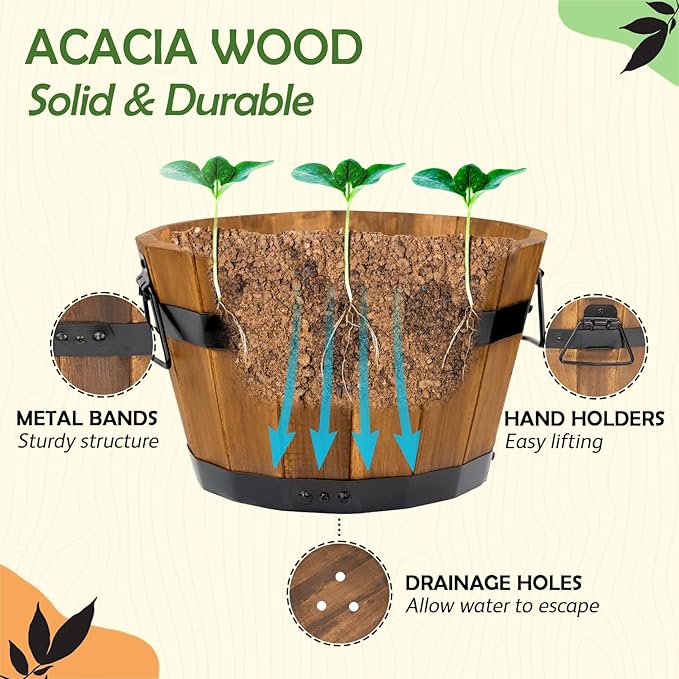 Idzo Set of 3 Wooden Flower Boxes Outdoor, Durable Acacia Wood Barrel Planters for Outdoor Plants with Ergonomic Handles, Drainage Holes, Multiple Sizes Wood Bucket Planter Light Brown-VerdiqueGarden