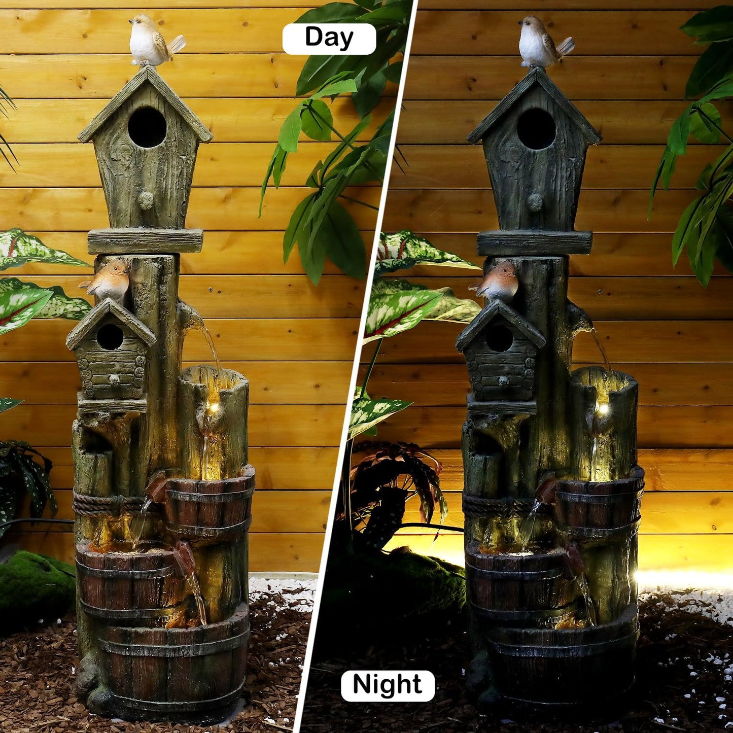 Outdoor Water Fountain with Birdhouse, 39.3inches Rustic Outdoor Water Fountains - Outdoor Cascading Waterfall with Decorative Birds & Buckets, Pump & Lights for Backyard Patio Decor-VerdiqueGarden