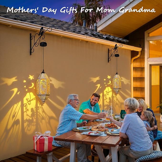 Outdoor Solar Lanterns Waterproof Fairy Moon Garden Gifts for Women Mom12.4‘’ Metal Garden Lanterns Hanging Light for Patio Backyard Decorations, Mothers Day Birthday Gifts (Gold White,2Pack)-VerdiqueGarden