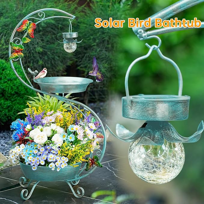 Bird Bath for Outside with Solar Lamp, 36" Birdbaths for Outdoors with Planter Flower Pot, Metal Bird Bath Bowl for Garden Yard Decor (All Blue Green)-VerdiqueGarden