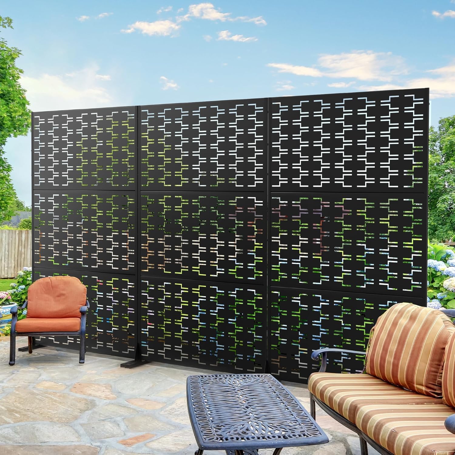 Metal Privacy Screen Outdoor 72" H×47" W, Freestanding Decorative Privacy Screen for Balcony Yard&Garden, Privacy Fence-Black&Brick-VerdiqueGarden