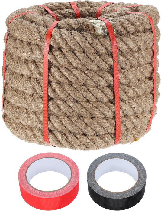 MECCANIXITY Jute Rope 1.4 Inch x 49ft, Thick Twine Rope Ropes Braided Jute Twine Natural Brown Burlap Cord String Heavy Twisted with Tapes for Decorative Crafts Railing Swing Tug of War-VerdiqueGarden