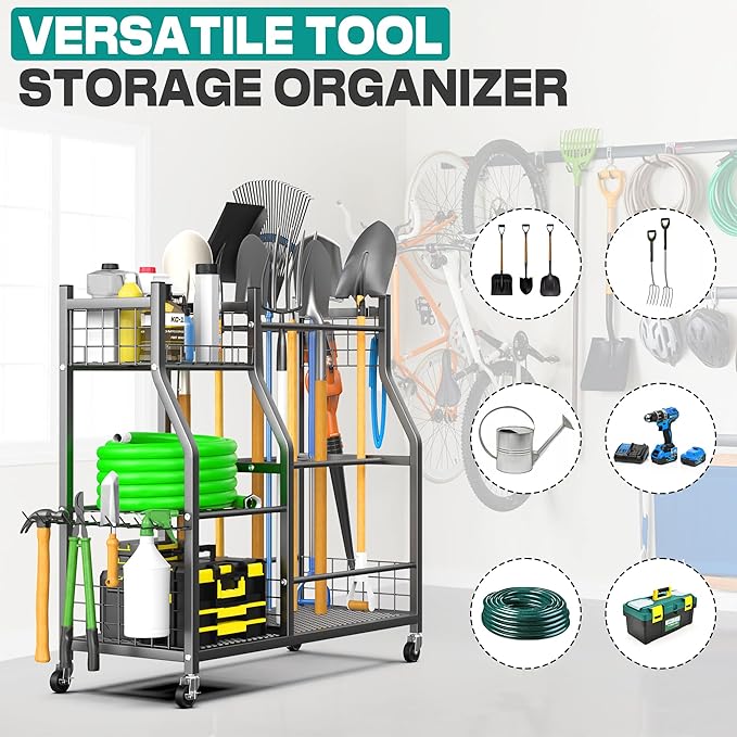 EVERHANGER Garden Tool Organizer Stand, Garage Tool Storage Organization, Yard Tool Racks with lockable wheels, Fit for Long-Handled Tools/Rakes/Brooms-VerdiqueGarden