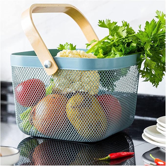 Metal Mesh Steel Basket, Storage Organizer Basket Multi-functional Hanging Kitchen Baskets Fruit Basket Bin with Bamboo Handle for Kitchen Bathroom Picnic Shopping Decor Cabinet Home, Blue-VerdiqueGarden