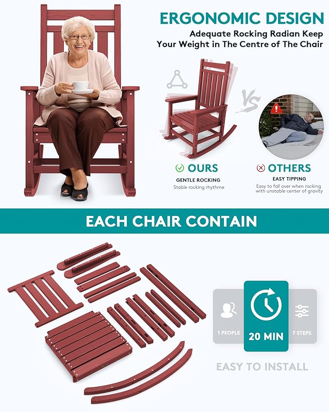 SERWALL Outdoor Rocking Chair Set of 2, HDPE Rocking Chairs for Adult, All Weather Porch Rockers for Lawn Garden, Crimson Red-VerdiqueGarden