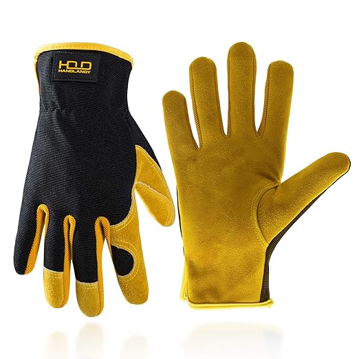 HLDD HANDLANDY Garden Gloves Men, Leather Work Gloves for Men & Women, Cowhide Gardening Gloves Utility Work Gloves for Mechanics, Construction, Driver (XL, Yellow)-VerdiqueGarden