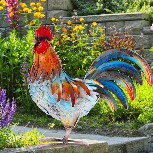 Metal Rooster Decor Garden Statue,Yard Chicken Decorations Outdoor Sculpture for Backyard Patio Kitchen Lawn Ornaments,Birthday for Women Mom-VerdiqueGarden