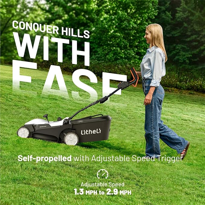 Litheli Lawn Mower 18" Electric Self Propelled for Garden Yards, Lightweight Cordless Lawn Mower Brushless with 6-Position Height Adjustment, 2 x 20V 4.0Ah Battery-VerdiqueGarden