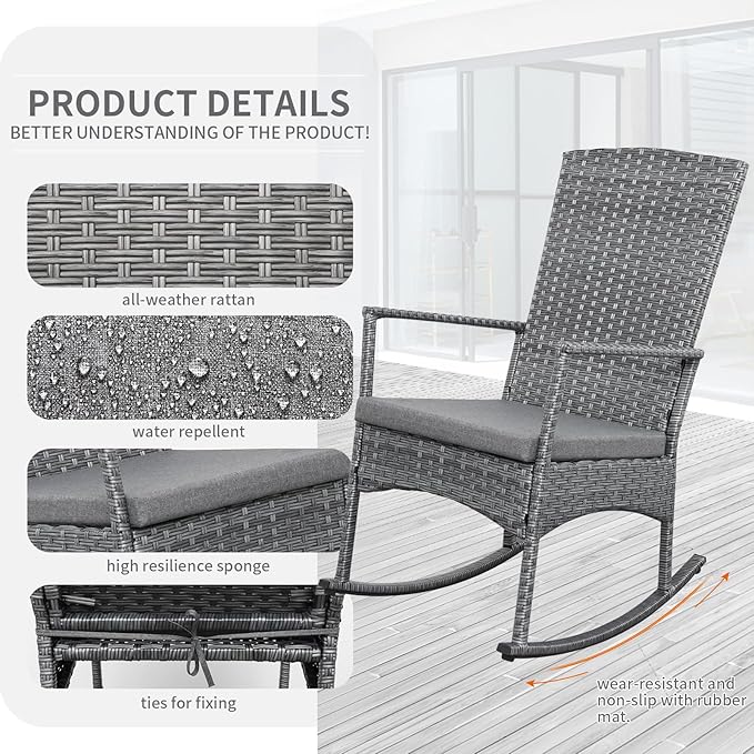 Outdoor Rocking Chair 3 Pieces High-Backed Rocking Chair Patio Rocking Chairs Outdoor Table and Chairs Anti-Slip Cushions Dark Grey-VerdiqueGarden