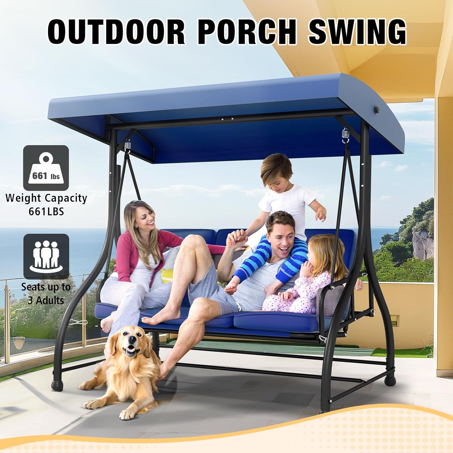 3-Seat Porch Swing Bed with Adjustable Canopy & Removable Cushions, Heavy Duty Steel Frame Outdoor Patio Swings Glider Chair for Backyard, Garden, Deck, Blue-VerdiqueGarden