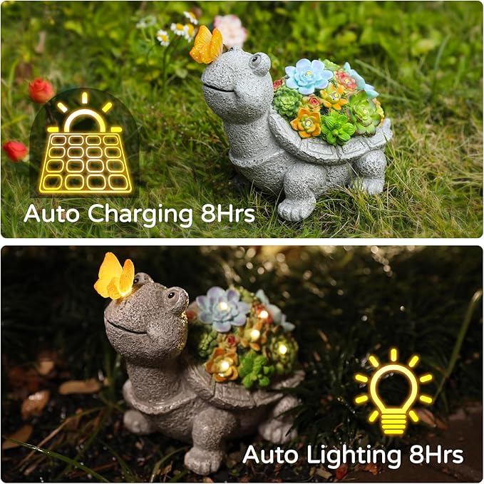Solar Garden Outdoor Statues Turtle with Succulent Butterfly 8 LED Lights, Lawn Decor Tortoise Figurine for Patio Balcony Yard, Yard Unique Christmas Birthdays Gift for Mom Grandma-VerdiqueGarden