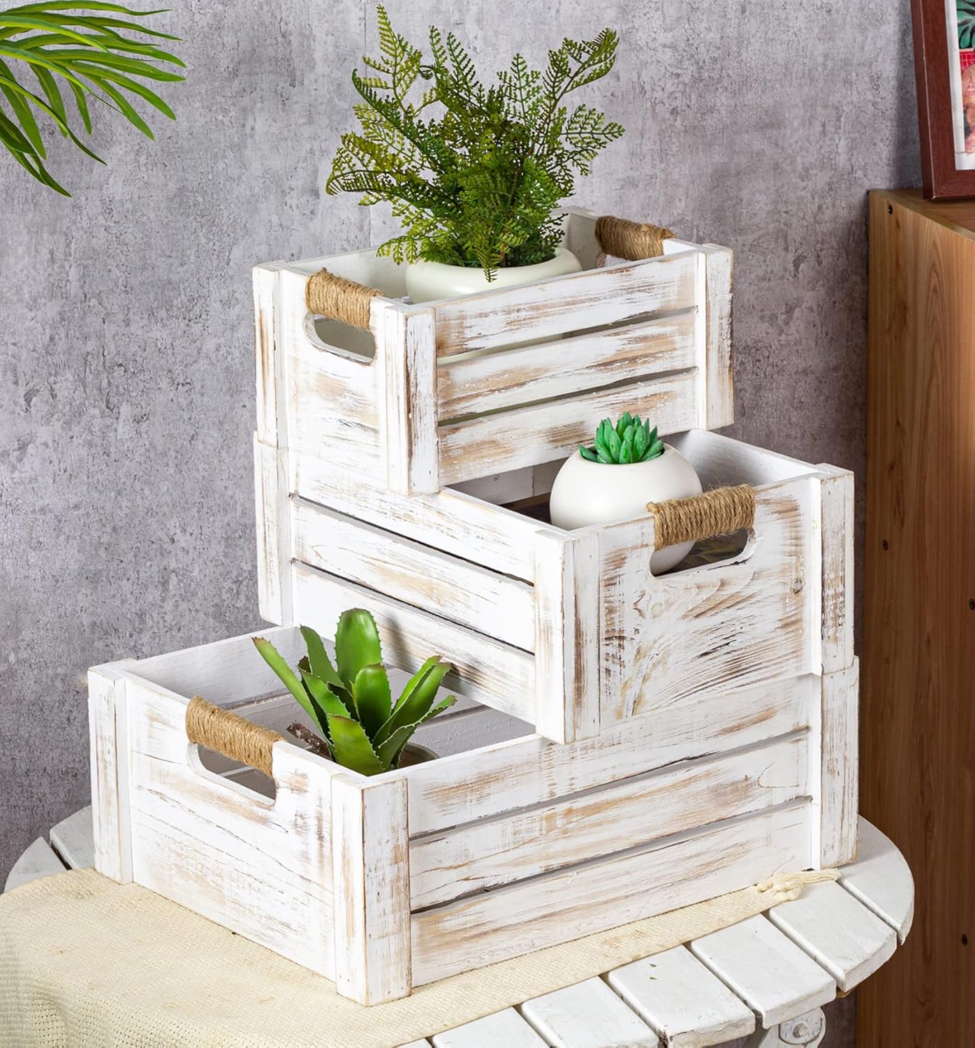 TIMRIS Set of 3 Rustic Wood Nesting Crates, Farmhouse Wooden Storage Container Boxes with Cutout Handles, Decorative Wooden Baskets for Display (Whitewash)-VerdiqueGarden